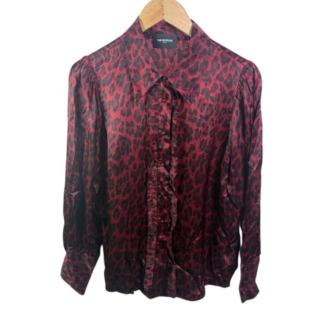 The Kooples Red‎ Black Leopard Sateen Ruffle Button Up Blouse Size 3 Large